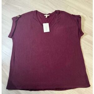 Como Blu Women's 2X Burgundy Striped V Neck Short Sleeve Top Button Detail